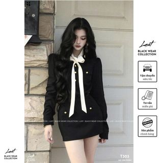 Đầm nữ đen dài tay phối nơ cổ thanh lịch LUST Váy nữ cúc vàng nổi chất liệu chéo nhật cao cấp T303