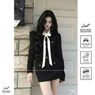 Đầm nữ đen dài tay phối nơ cổ thanh lịch LUST Váy nữ cúc vàng nổi chất liệu chéo nhật cao cấp T303