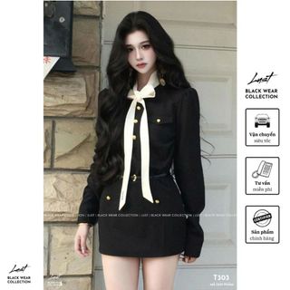 Đầm nữ đen dài tay phối nơ cổ thanh lịch LUST Váy nữ cúc vàng nổi chất liệu chéo nhật cao cấp T303