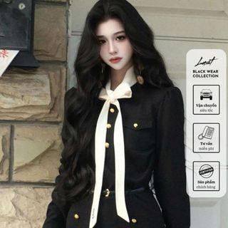 Đầm nữ đen dài tay phối nơ cổ thanh lịch LUST Váy nữ cúc vàng nổi chất liệu chéo nhật cao cấp T303