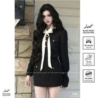 Đầm nữ đen dài tay phối nơ cổ thanh lịch LUST Váy nữ cúc vàng nổi chất liệu chéo nhật cao cấp T303