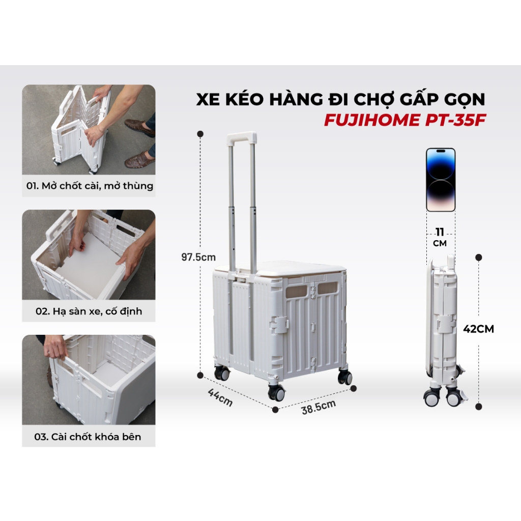 Xe kéo hàng gấp gọn 4 bánh Nhập Khẩu Fujihome, xe đẩy hàng hộp vali 65L xếp gọn đa năng đi chợ siêu thị picnic ô tô
