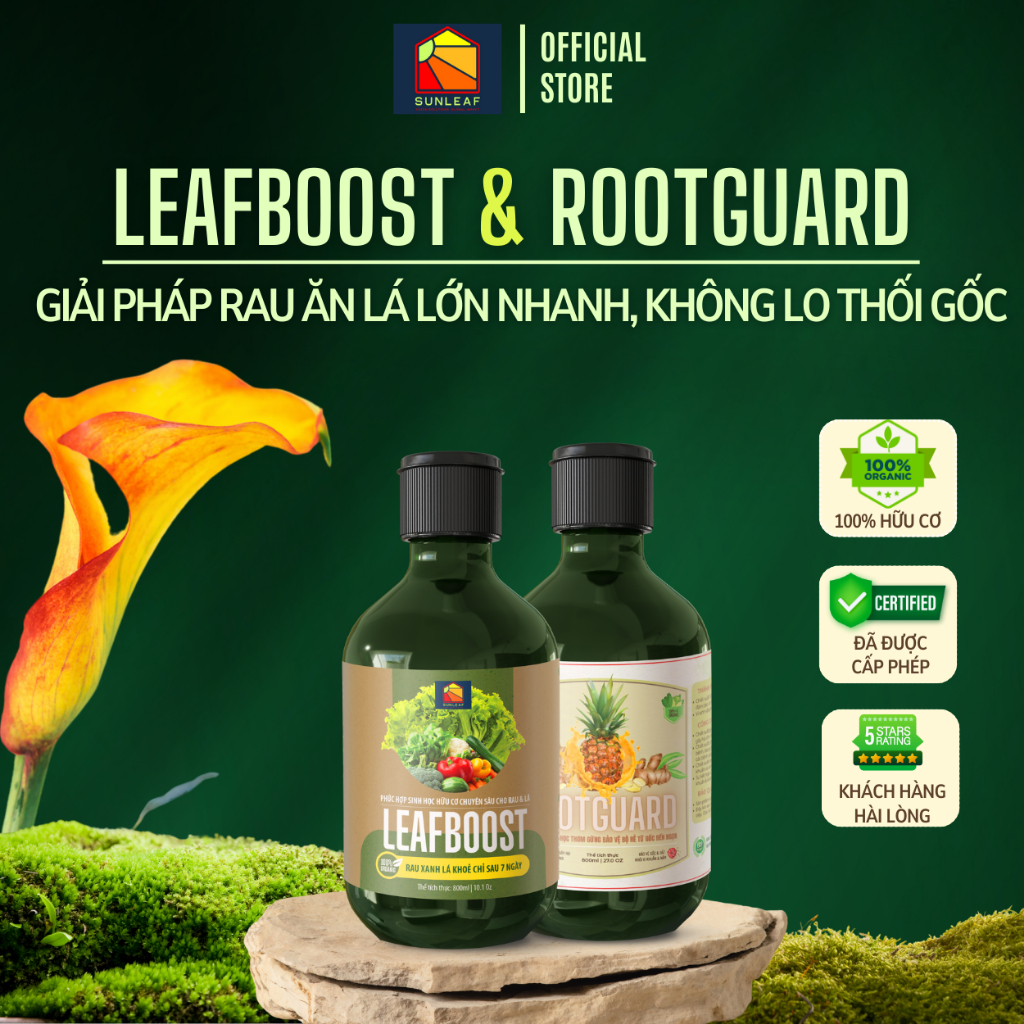Combo Phòng Nấm Rễ & Dưỡng Lá Rễ Khỏe, Lá Dày Xanh Mướt, Hỗ Trợ Vị Ngọt Rau Quả Hữu Cơ SUNLEAF