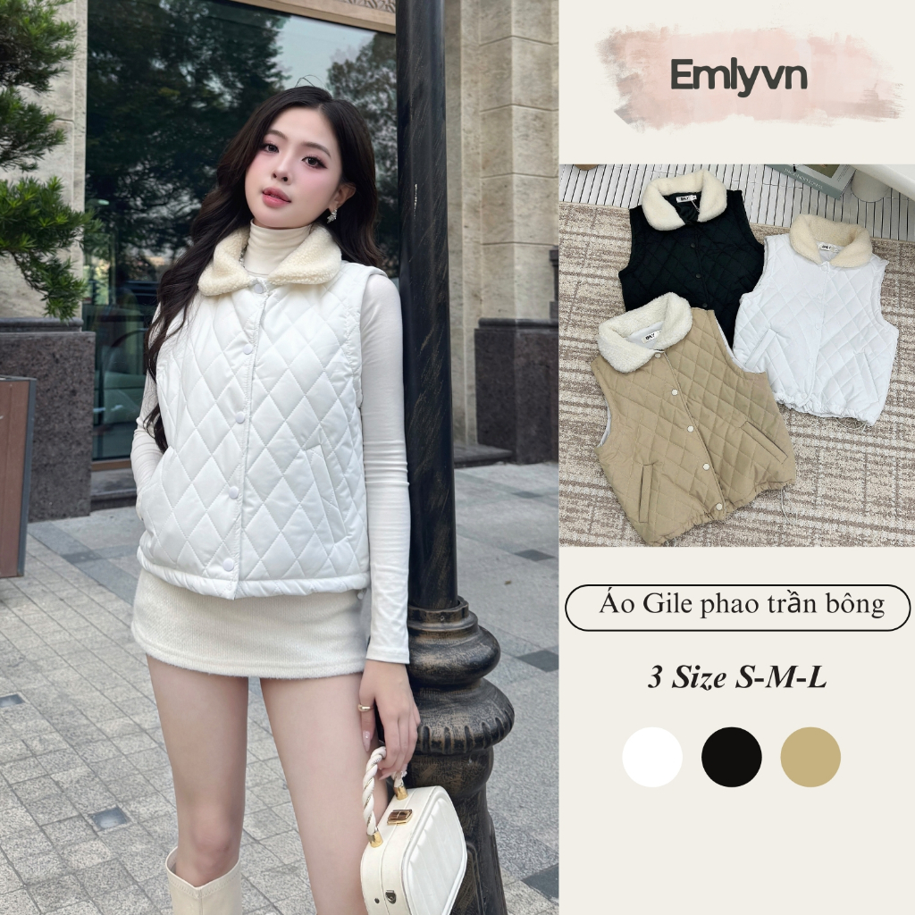 EMLYvn - Áo Gile Phao Nữ Cổ Lông Trần Bông Cao Cấp, Áo Khoác Gile Phao Hàn Quốc Mùa Đông 2025