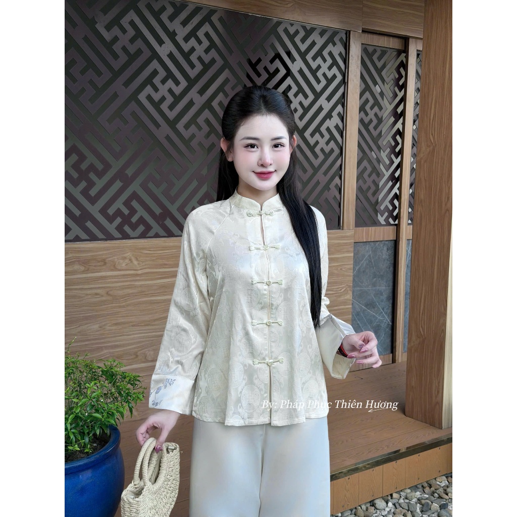 [Nguyệt Sa] Pháp phục đi chùa tiểu thư dài tay phối gấm lụa tô châu mềm mịn Bộ đồ đi lễ cổ trụ đính khuy đá cách điệu