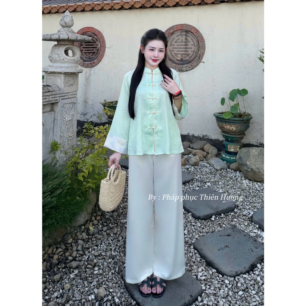 [Nguyệt Sa] Pháp phục đi chùa tiểu thư dài tay phối gấm lụa tô châu mềm mịn Bộ đồ đi lễ cổ trụ đính khuy đá cách điệu