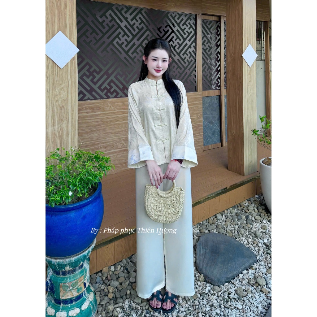 [Nguyệt Sa] Pháp phục đi chùa tiểu thư dài tay phối gấm lụa tô châu mềm mịn Bộ đồ đi lễ cổ trụ đính khuy đá cách điệu