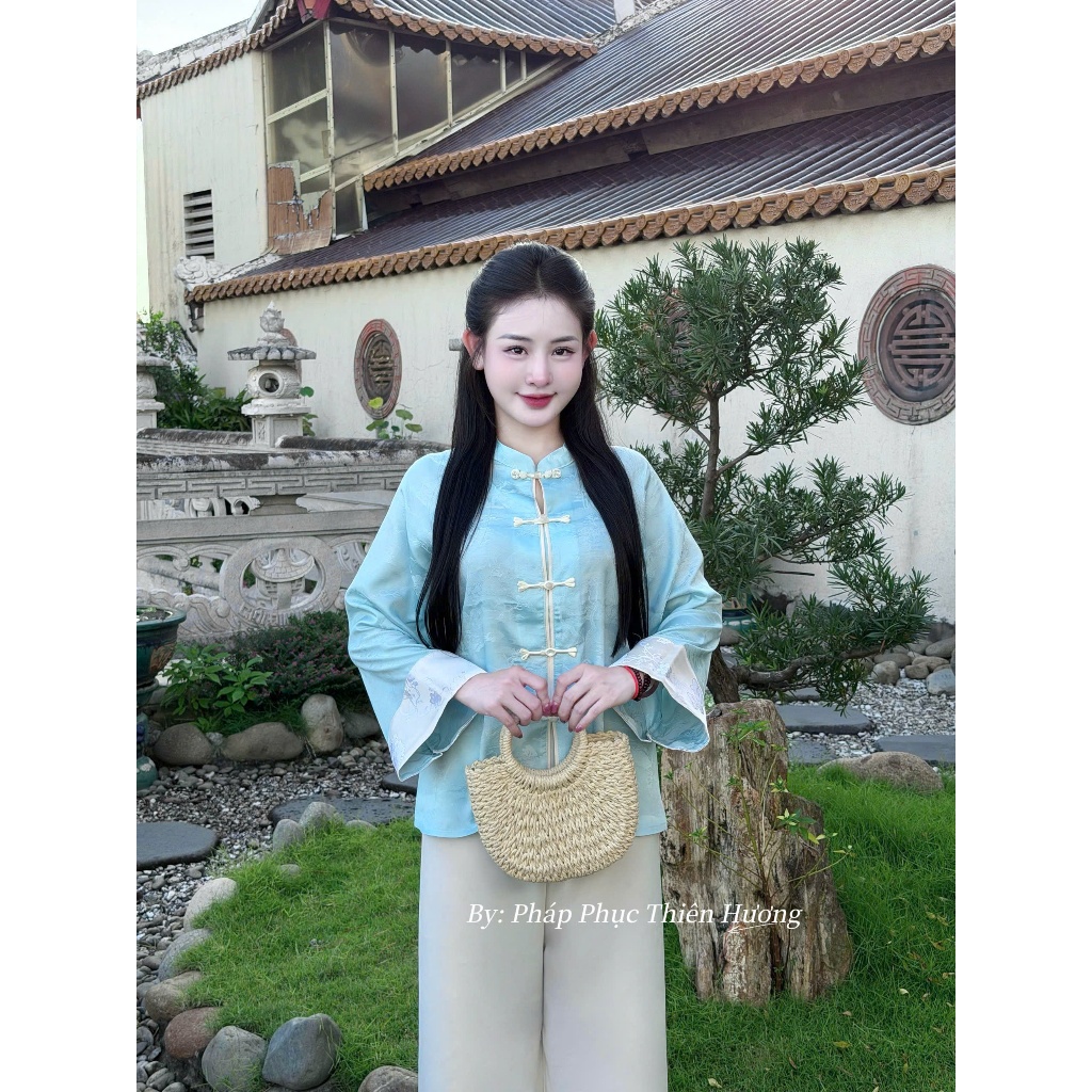 [Nguyệt Sa] Pháp phục đi chùa tiểu thư dài tay phối gấm lụa tô châu mềm mịn Bộ đồ đi lễ cổ trụ đính khuy đá cách điệu