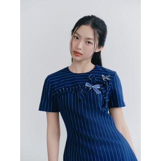 Đầm OLV sọc đính nơ thêu thanh lịch Navy Cotton Striped Embro Dress phù hợp mọi dịp