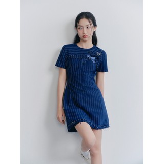 Đầm OLV sọc đính nơ thêu thanh lịch Navy Cotton Striped Embro Dress phù hợp mọi dịp