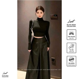 Set đồ nữ đen thiết kế áo croptop cao cổ dài tay mix chân váy tafta LUST chất liệu dày dặn TX29