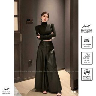 Set đồ nữ đen thiết kế áo croptop cao cổ dài tay mix chân váy tafta LUST chất liệu dày dặn TX29
