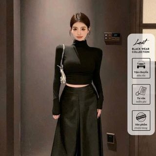 Set đồ nữ đen thiết kế áo croptop cao cổ dài tay mix chân váy tafta LUST chất liệu dày dặn TX29