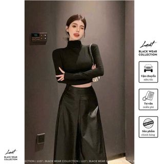 Set đồ nữ đen thiết kế áo croptop cao cổ dài tay mix chân váy tafta LUST chất liệu dày dặn TX29