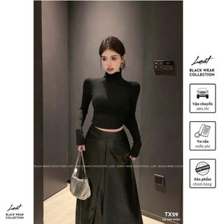 Set đồ nữ đen thiết kế áo croptop cao cổ dài tay mix chân váy tafta LUST chất liệu dày dặn TX29