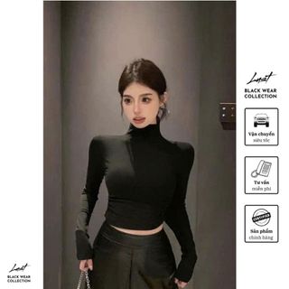 Set đồ nữ đen thiết kế áo croptop cao cổ dài tay mix chân váy tafta LUST chất liệu dày dặn TX29