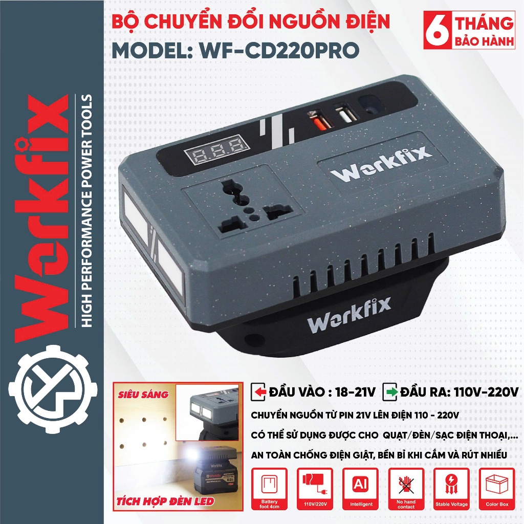 [UPDATE ĐÈN LED] Bộ Chuyển Đổi Biến Tần 220v Workfix WF-CD220PRO, Chuyển Từ Pin 12-18-21-24-36v Sang Điện