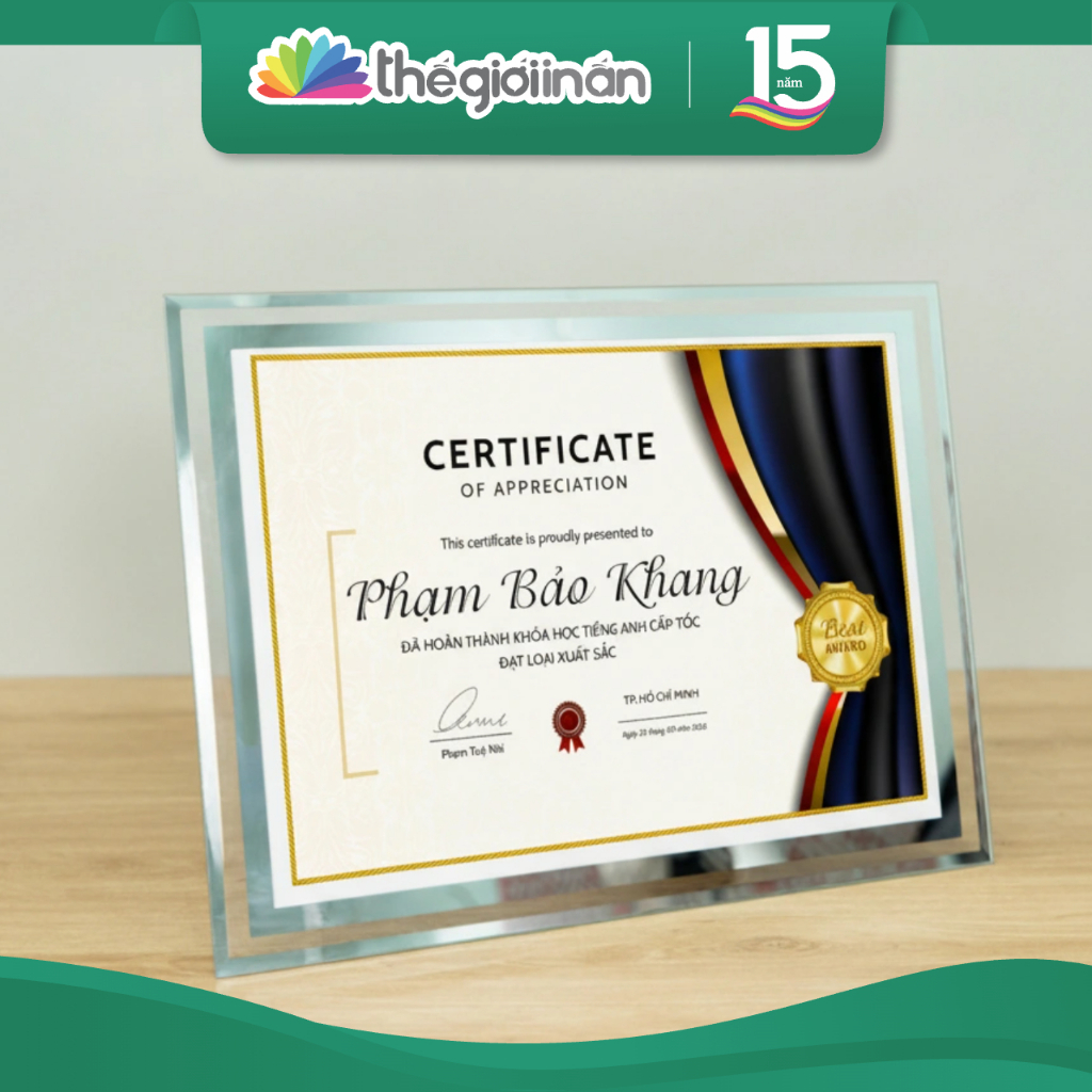 [HOẢ TỐC] Khung Bằng Khen A4, Khung Pha Lê Mặt Kính Sang Trọng, In Bằng Khen Giấy Couche Dày - Thế Giới In Ấn