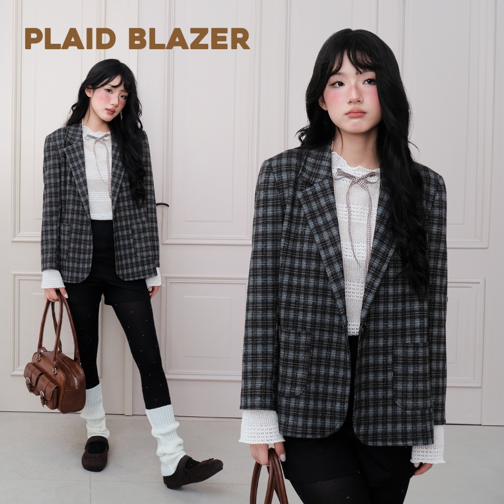 BLEUBIRD Áo khoác dạ nỉ caro Plaid Blazer