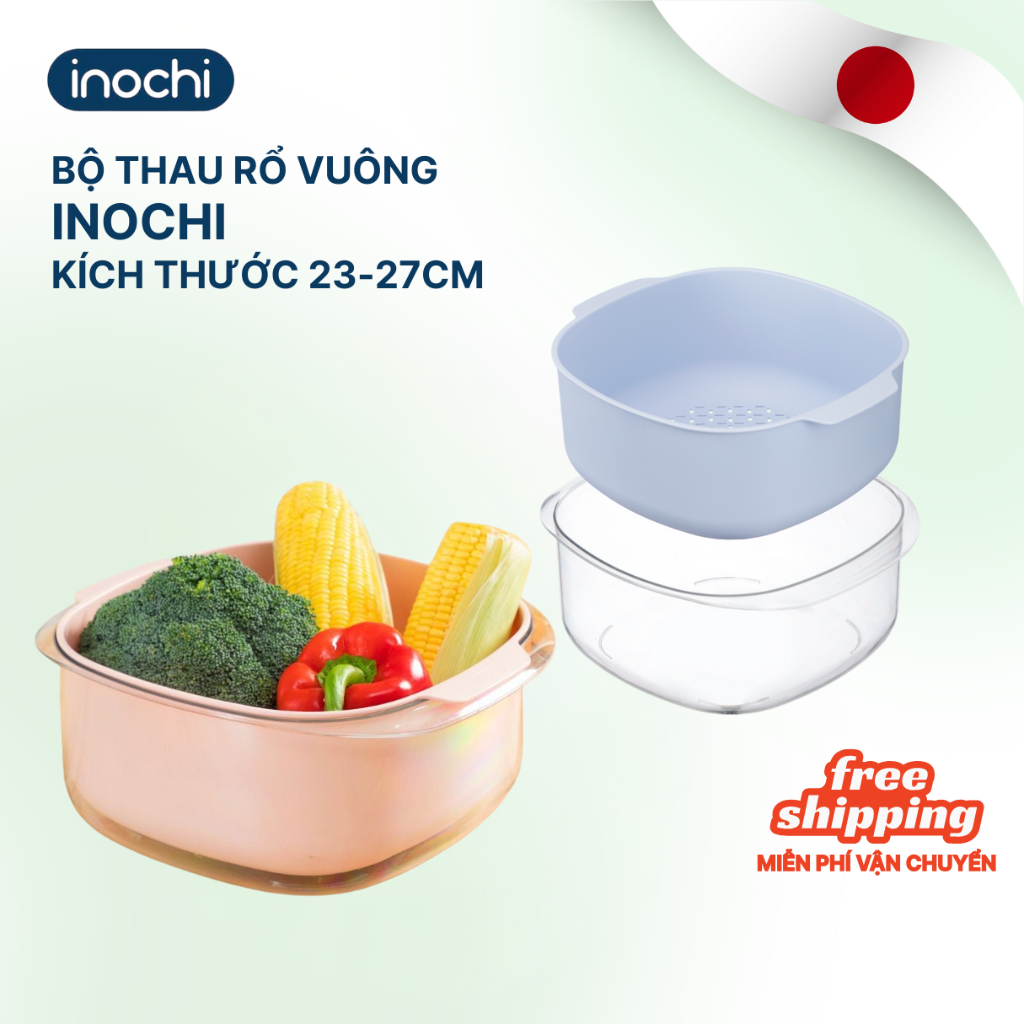 BỘ THAU RỔ NHỰA TRONG SUỐT VUÔNG Yoko Inochi (size 23cm/27cm) nhựa cao cấp, an toàn, tiện dụng