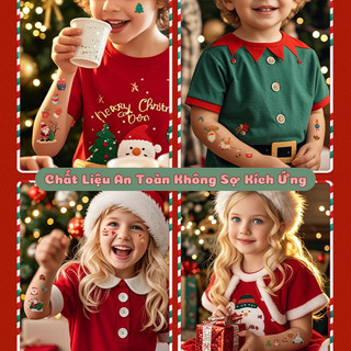 Hình Xăm Dán Mặt Noel, Tết, Nhiều Chủ Đề 1 Set 12 Miếng - An Toàn Cho Trẻ Em,Hình Dán Hoạt Hình Trang Điểm Mặt Dễ Thương