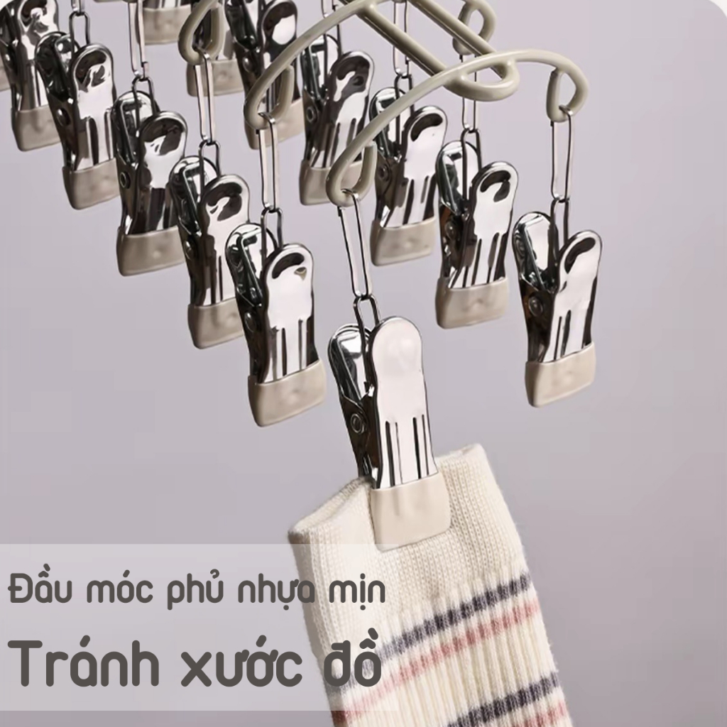 Móc Treo Quần Áo Phơi Tất Vớ Đồ Lót Khăn Sữa Trẻ Loại Mới 20 Kẹp Thép Không Gỉ Có Đầu Bọc Silicon Chống Tuột
