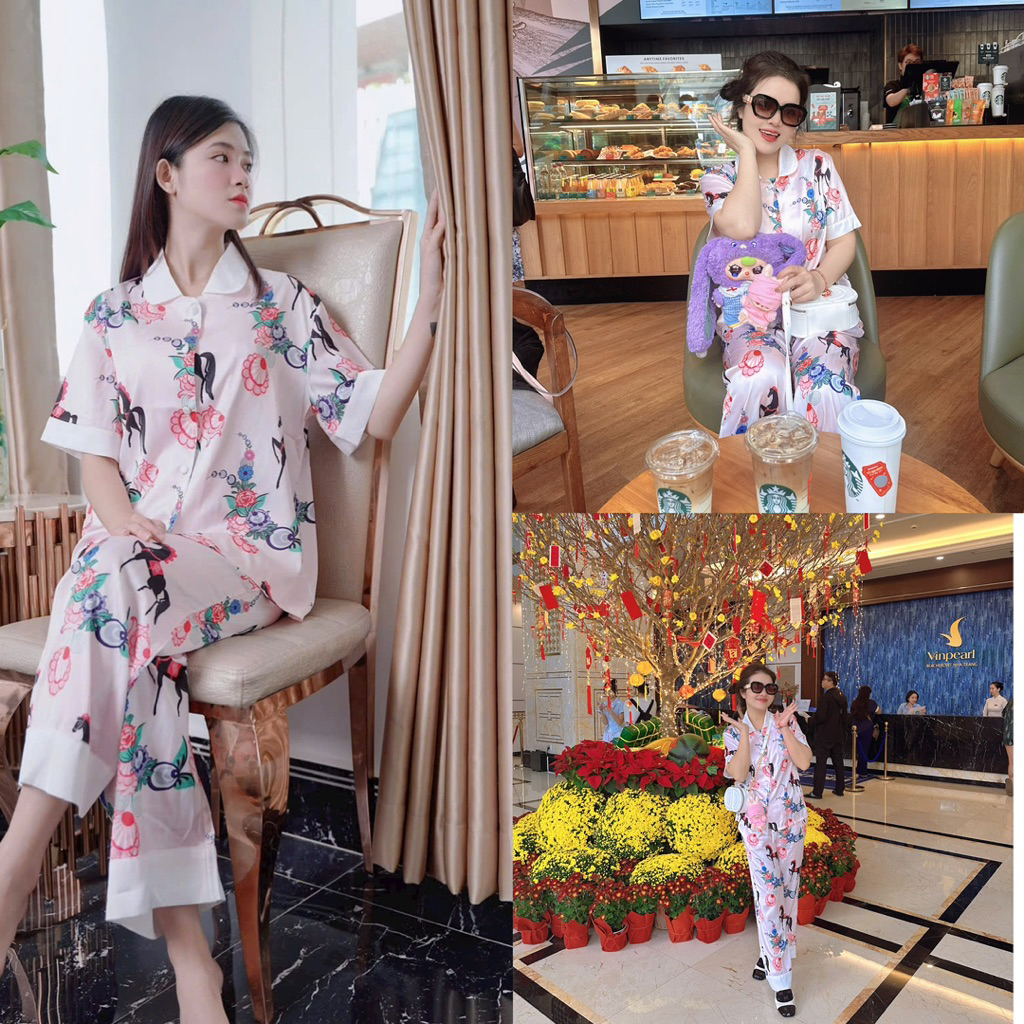 Bộ pyjama lụa tay ngắn quần dài hình sale lẻ nhiều mẫu
