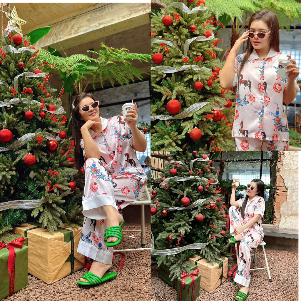 Bộ pyjama lụa tay ngắn quần dài hình sale lẻ nhiều mẫu