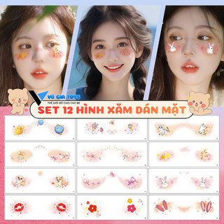 Hình Xăm Dán Mặt Tạm Thời 1 Set 12 Miếng Chủ Đề Noel, Tết,Sinh Nhật Chống Thâm Nước - Miếng Dán Trang Điểm Mặt Dễ Thương