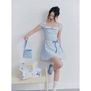 Đầm OLV thêu nơ cổ vuông trẻ trung thanh lịch Blue Embro Square Neck Dress phù hợp đi chơi