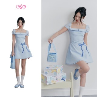 Đầm OLV thêu nơ cổ vuông trẻ trung thanh lịch Blue Embro Square Neck Dress phù hợp đi chơi