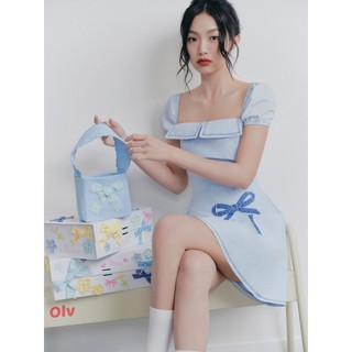 Đầm OLV thêu nơ cổ vuông trẻ trung thanh lịch Blue Embro Square Neck Dress phù hợp đi chơi