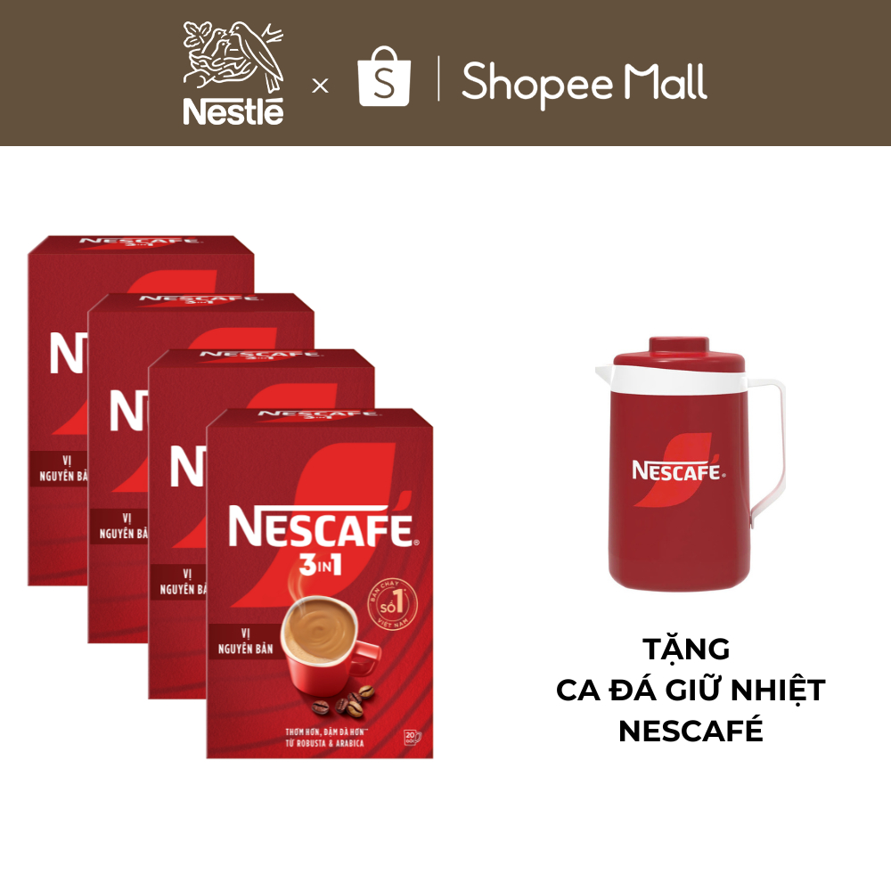 [Tặng Ca đá Nescafé] Combo 4 Hộp Cà phê Hòa tan NESCAFÉ VỊ NGUYÊN BẢN 20 gói Đậm Thơm Hoàn Hảo