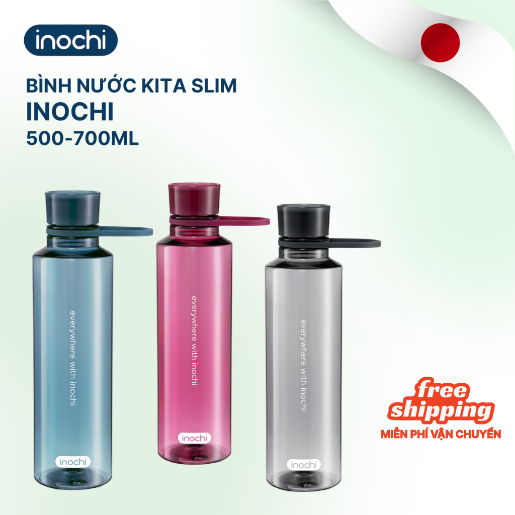 Bình nước thể thao Inochi Kita Slim nhiều màu, nhựa nguyên sinh an toàn 350ml,500ml, 700ml
