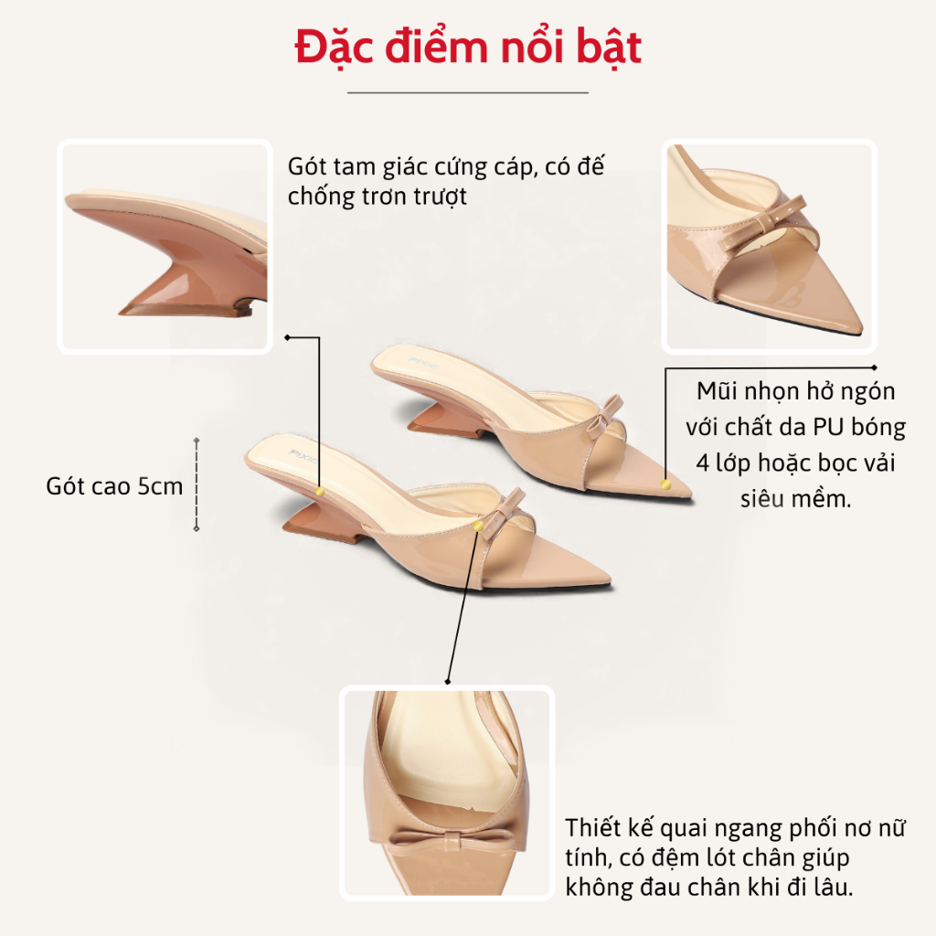 Guốc Cao Gót Nữ 5cm Quai Ngang Đính Nơ Thời Trang Pixie H422