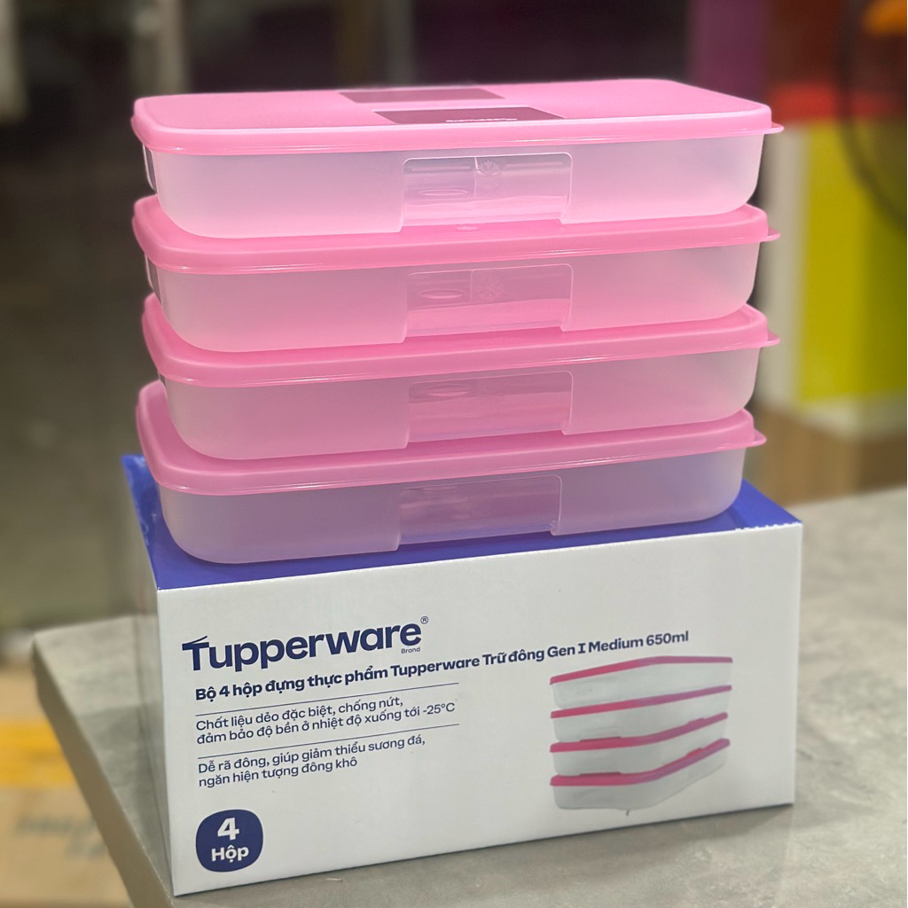 Bộ hộp trữ đông Dẹt 650ml Tupperware Happy Set 4 hộp (kèm vỏ hộp ...
