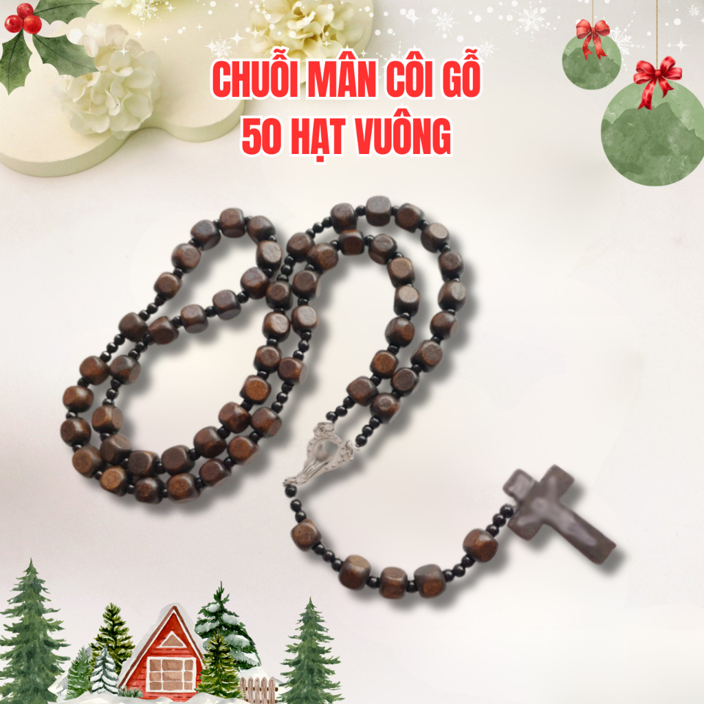 Tràng Chuỗi Mân Côi 50 Hạt Gỗ Thông Vuông 6ly Mộc Mạc Đầy Ý Nghĩa