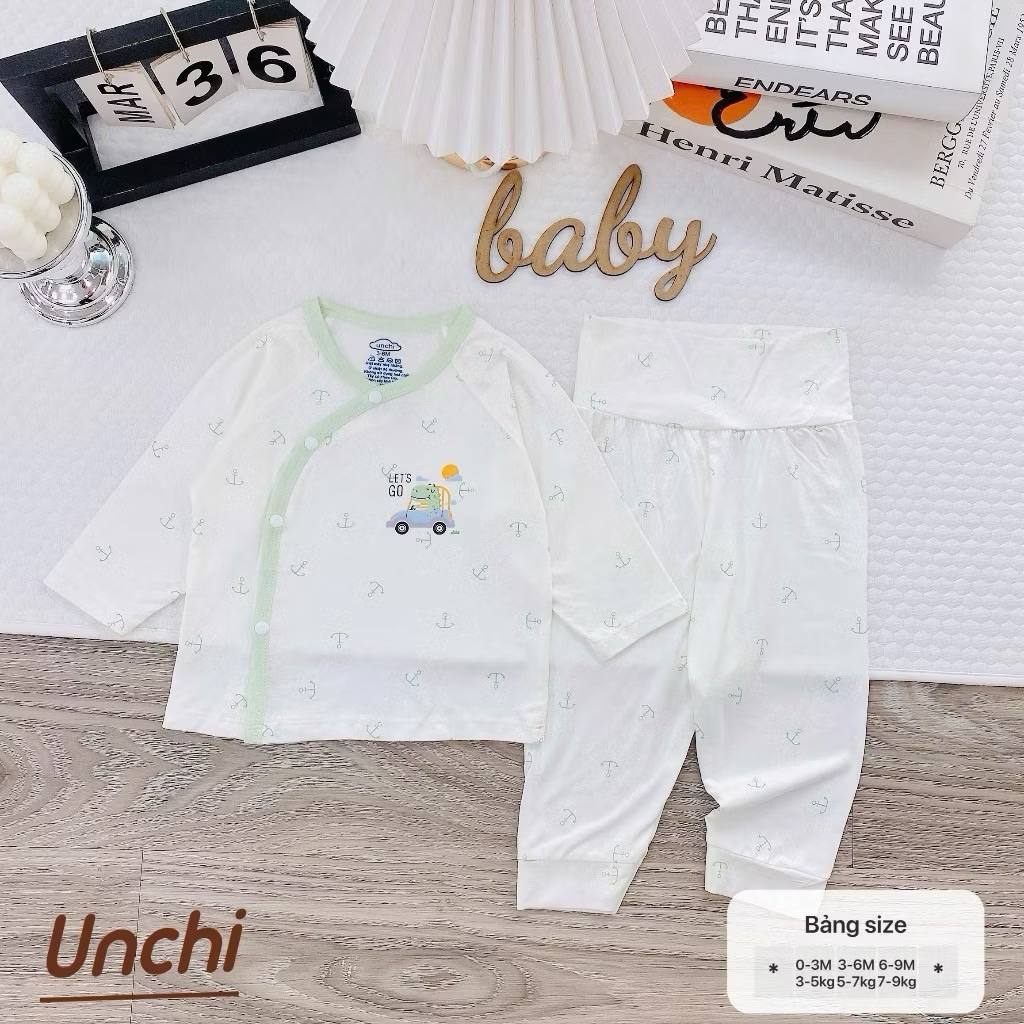 (UCDT 02) Bộ sơ sinh cạp cao Unchi vải petit bamboo mềm mỏng,trắng họa tiết cho bé từ 3-9kg