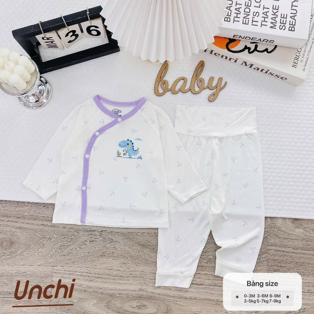 (UCDT 02) Bộ sơ sinh cạp cao Unchi vải petit bamboo mềm mỏng,trắng họa tiết cho bé từ 3-9kg