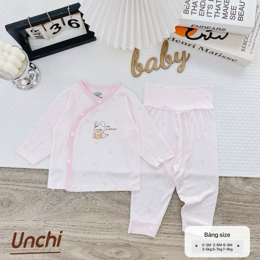 (UCDT 02) Bộ sơ sinh cạp cao Unchi vải petit bamboo mềm mỏng,trắng họa tiết cho bé từ 3-9kg