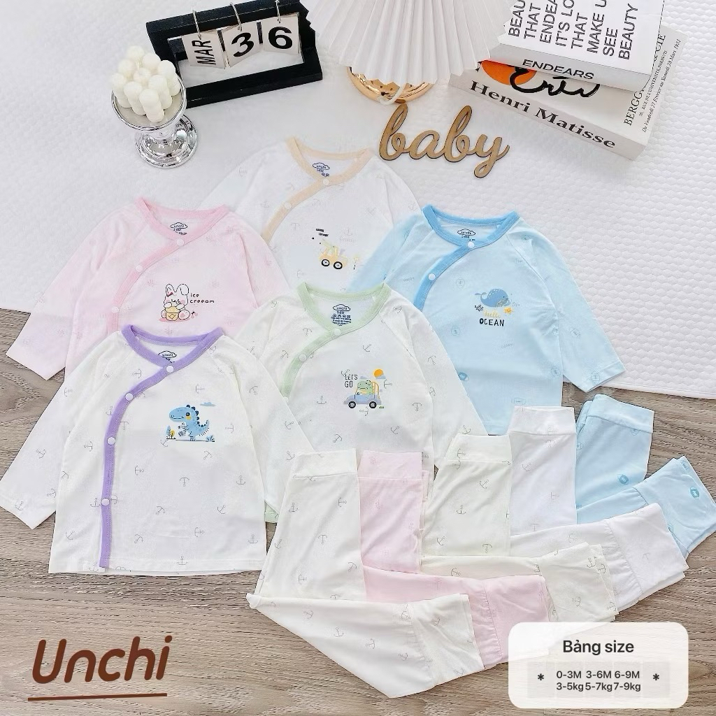 (UCDT 02) Bộ sơ sinh cạp cao Unchi vải petit bamboo mềm mỏng,trắng họa tiết cho bé từ 3-9kg