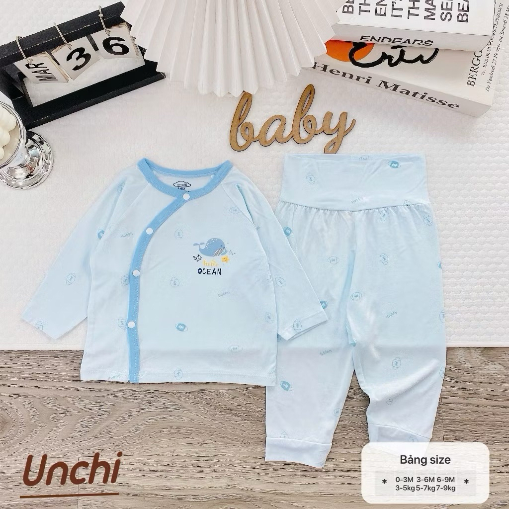 (UCDT 02) Bộ sơ sinh cạp cao Unchi vải petit bamboo mềm mỏng,trắng họa tiết cho bé từ 3-9kg