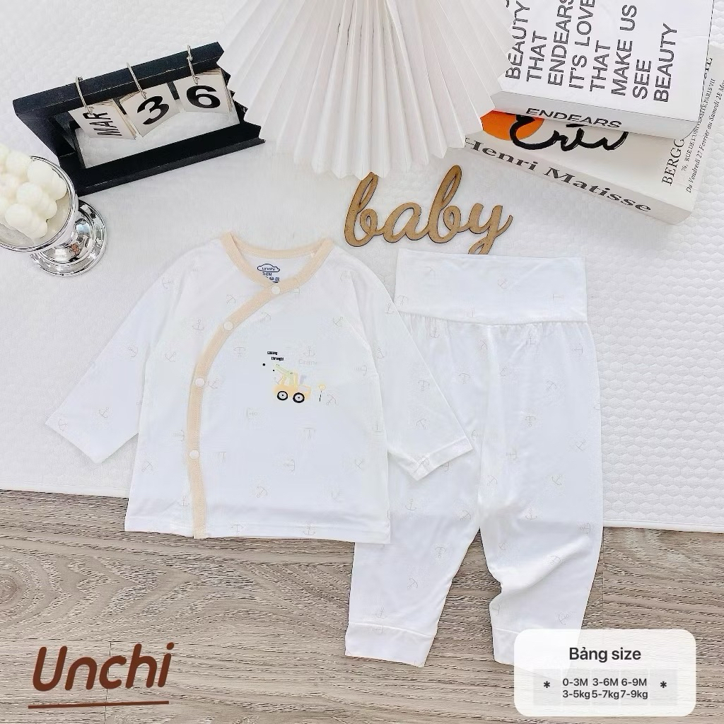 (UCDT 02) Bộ sơ sinh cạp cao Unchi vải petit bamboo mềm mỏng,trắng họa tiết cho bé từ 3-9kg