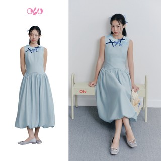 Đầm bí OLV dáng dài thêu đính nơ nữ tính Baby Blue Waisted Embro Dress phù hợp đi chơi đi làm