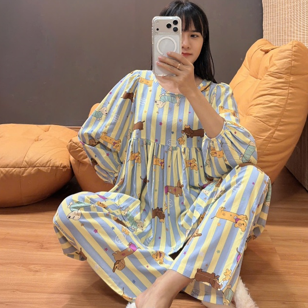 (Tặng cột tóc) Bộ tole babydoll tay dài, F21 hàng may kỹ 43-82kg - Nocnhasleepwear