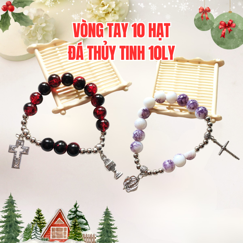 Vòng Tay, Chuỗi Mân Côi 10 Hạt Đá Thủy Tinh 10Ly Cao Cấp