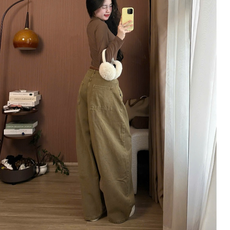 Quần Jeans Nâu Ống Cong Dáng Rộng Phối Line Quần Jean Curved Leg Brown Line Tôn Dáng Siêu Đẹp Cho Nữ
