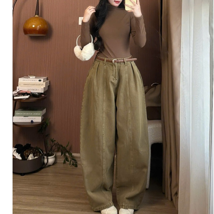 Quần Jeans Nâu Ống Cong Dáng Rộng Phối Line Quần Jean Curved Leg Brown Line Tôn Dáng Siêu Đẹp Cho Nữ