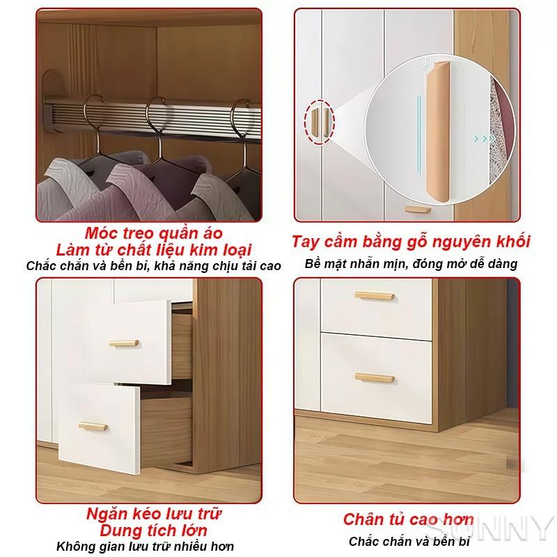 SUNNY Tủ quần áo lớn Tủ 4 cánh chứa đồ gia đình tiện lợi thiết kế sang trọng dùng lâu bền