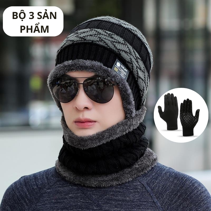 Bộ 3 món mũ len nam nữ trùm đầu TOBI set 3 nón len kèm khăn quàng cổ ...